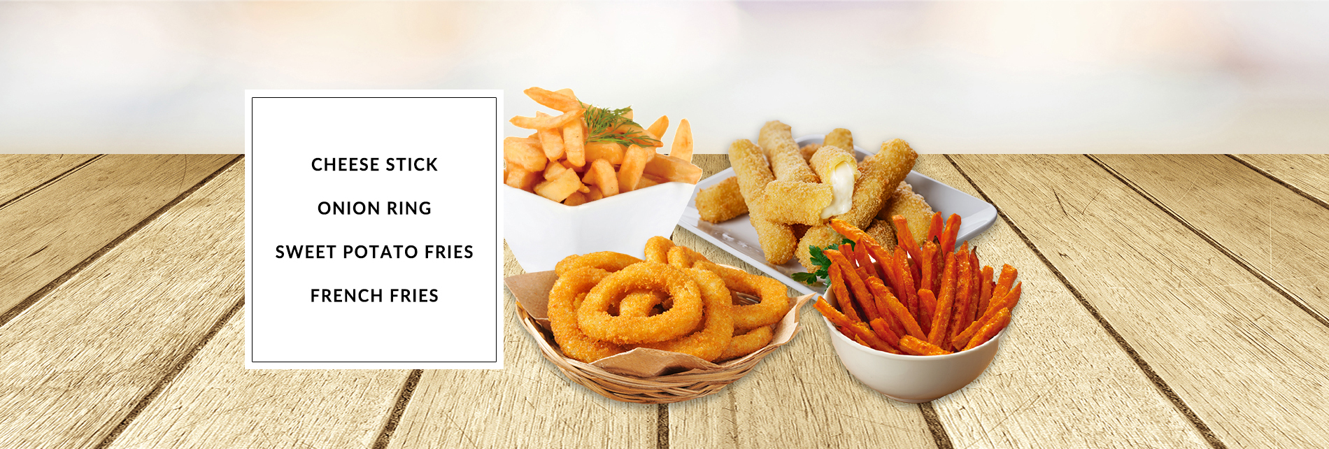 cheese stick, onion ring, sweet potato fries, french fries