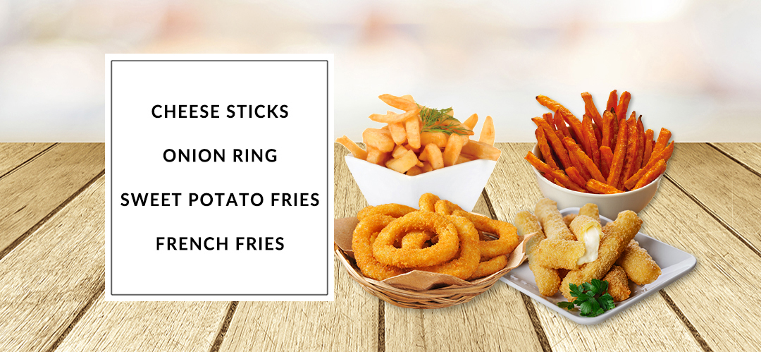 cheese stick, onion ring, sweet potato fries, french fries